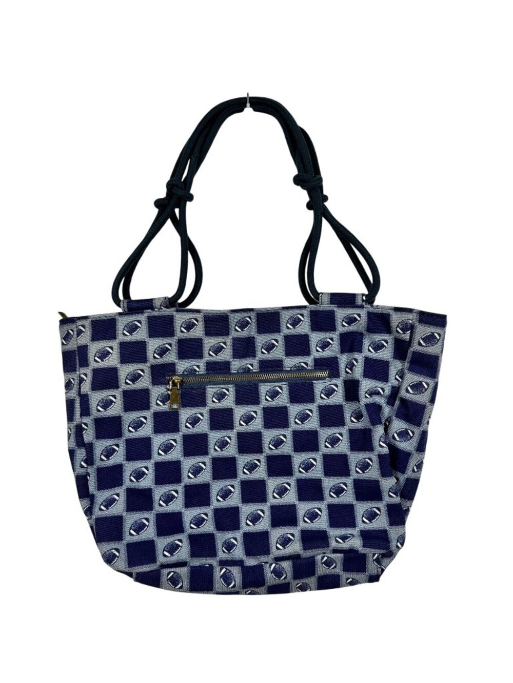Farmhouse Is My Style Football Tote Rope Handles Blue Checkered Pattern Lined
